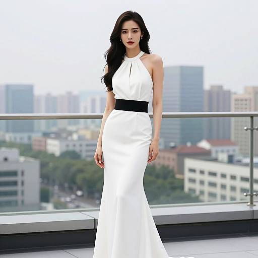 Elegant Woman in White Halter-Neck Evening Gown on City Rooftop