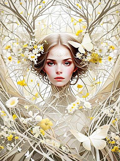 Ethereal Woman Surrounded by Floral and Butterfly Fantasy Digital Art