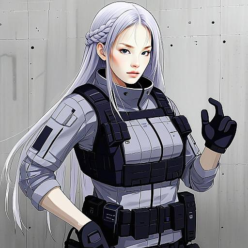 Anime Girl in Tactical Gear with Silver Hair - Frontline Style Illustration