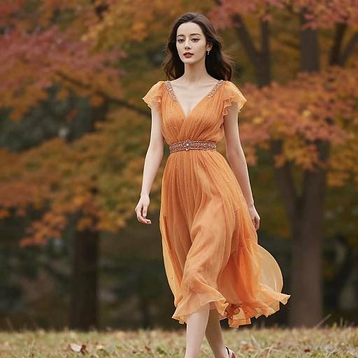 Woman in Elegant Orange Dress Walking in Autumn Park