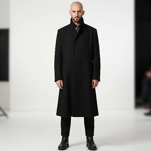 Man in Modern Long Black Coat Standing in Minimalist Studio vllm2603270225r3vn
