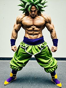 Realistic Man Cosplay as Broly from Broly Trilogy with Muscular Build