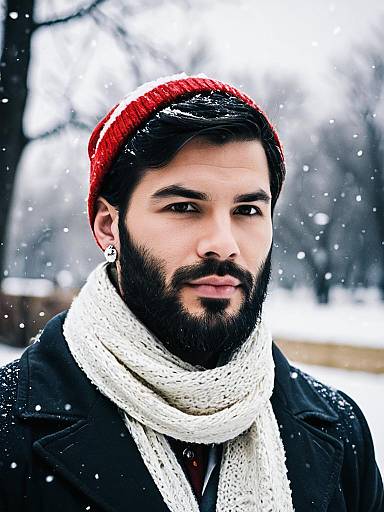 Man in Snow White Scarf and Red Beanie Winter Portrait