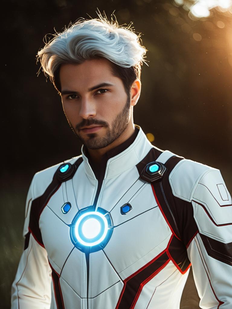 Man in Realistic Photon Cosplay Costume with Glowing Blue Lights