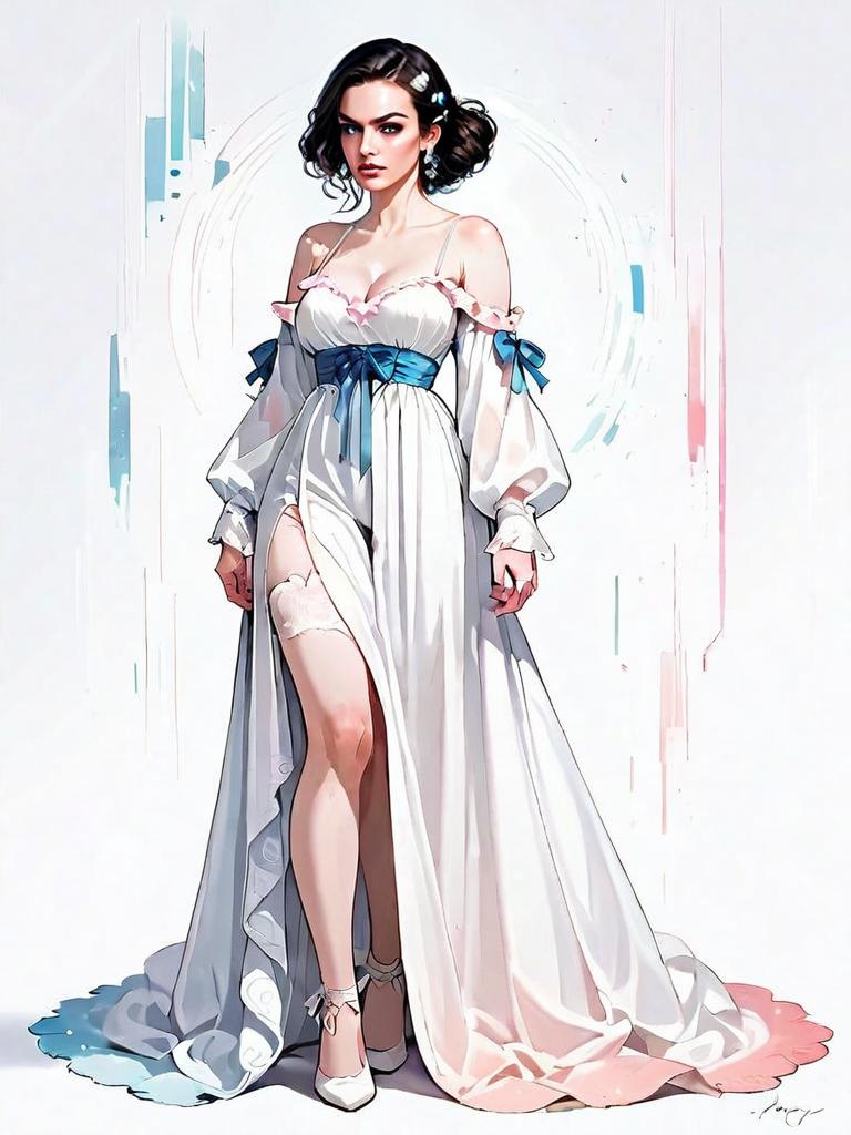 Boho Chic Woman in Elegant White Dress with Thigh-High Slit - Digital Comic Art
