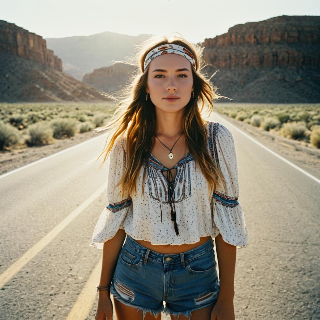 Bohemian Woman Standing on Desert Road with Rocky Cliffs Background