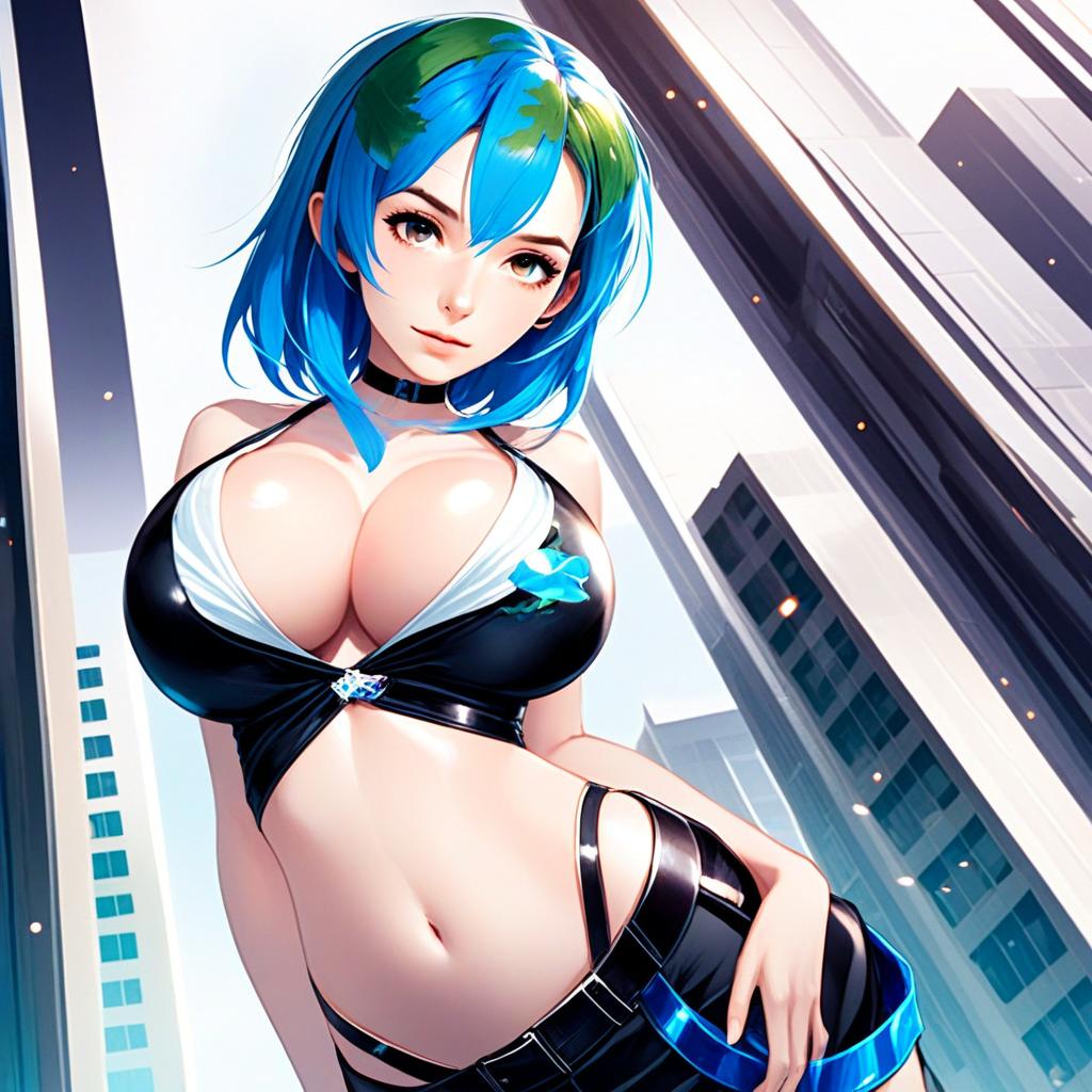 Earth-chan Anime Girl with Blue Hair in Urban Setting