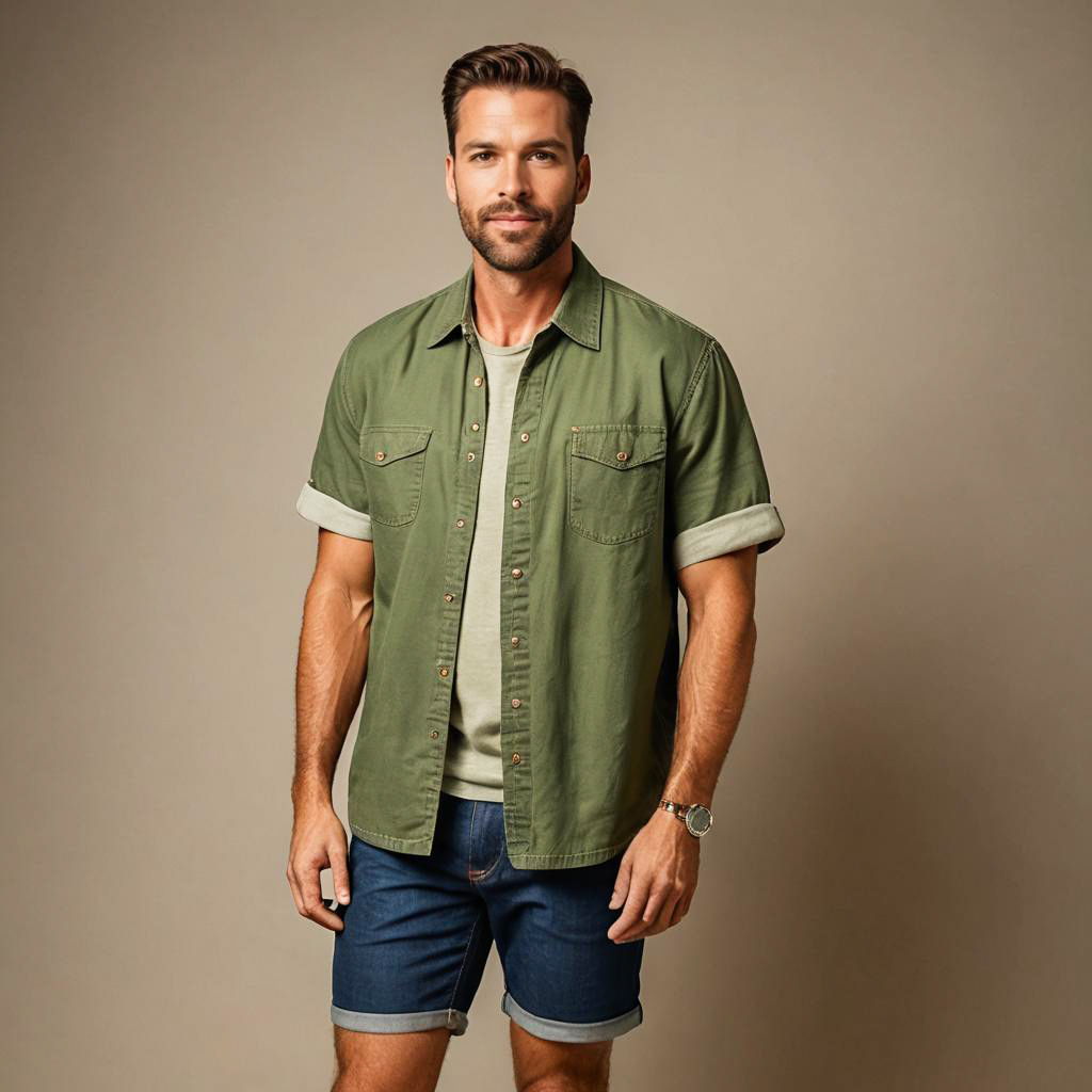 Stylish Man in Olive Green Shirt and Denim Shorts