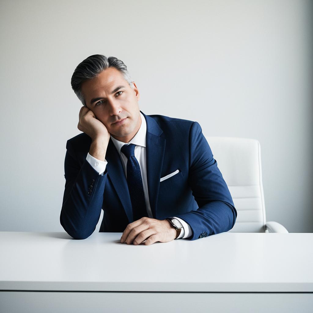 Contemplative Businessman in Navy Blue Suit Sitting at Office Desk