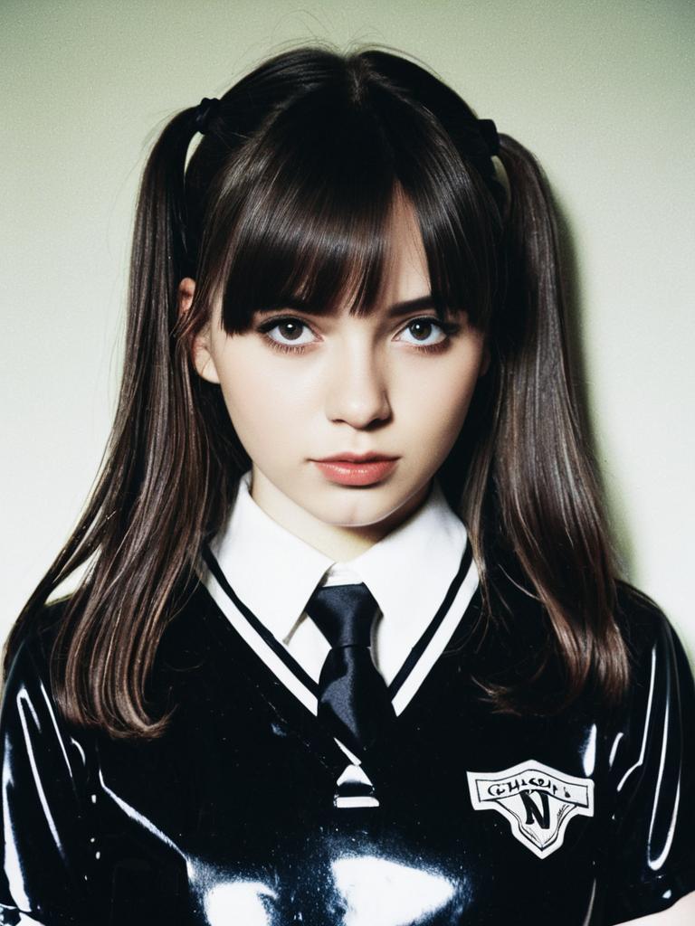 Young Woman in Black Latex Schoolgirl Uniform with Pigtails