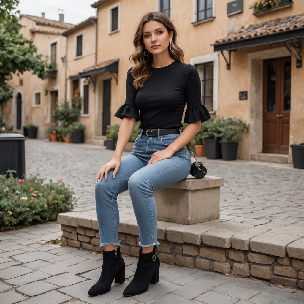 Chic Woman on Stone Bench in Rustic Village