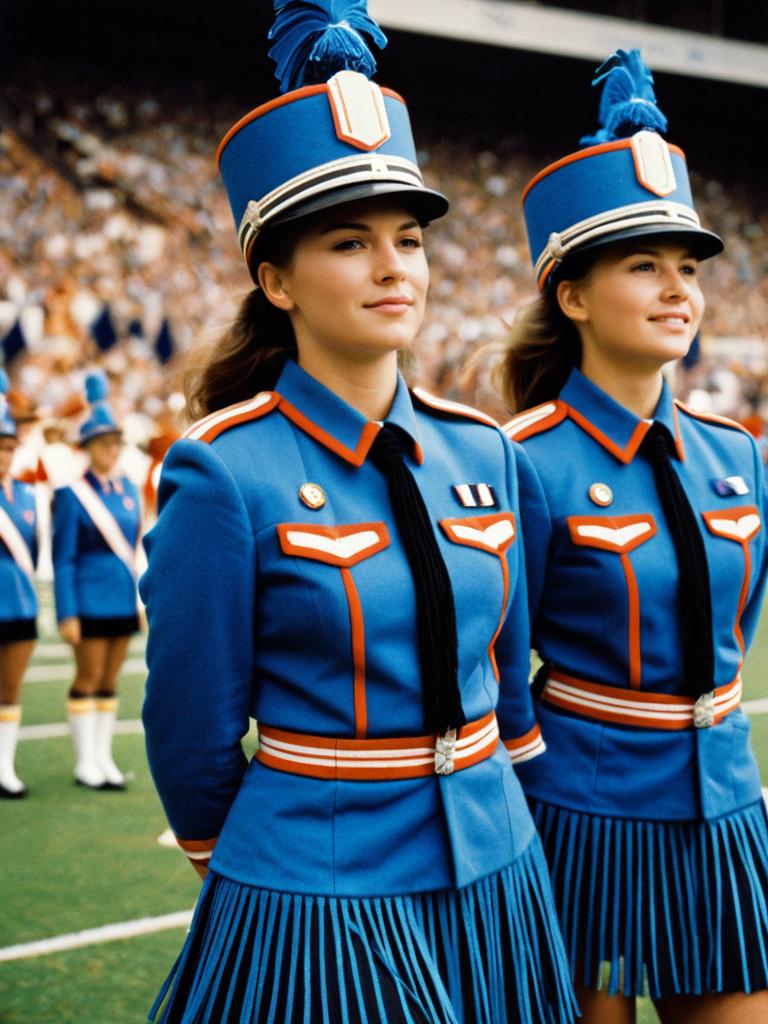 Women in Blue Majorette Uniforms with Fringe on Football Field