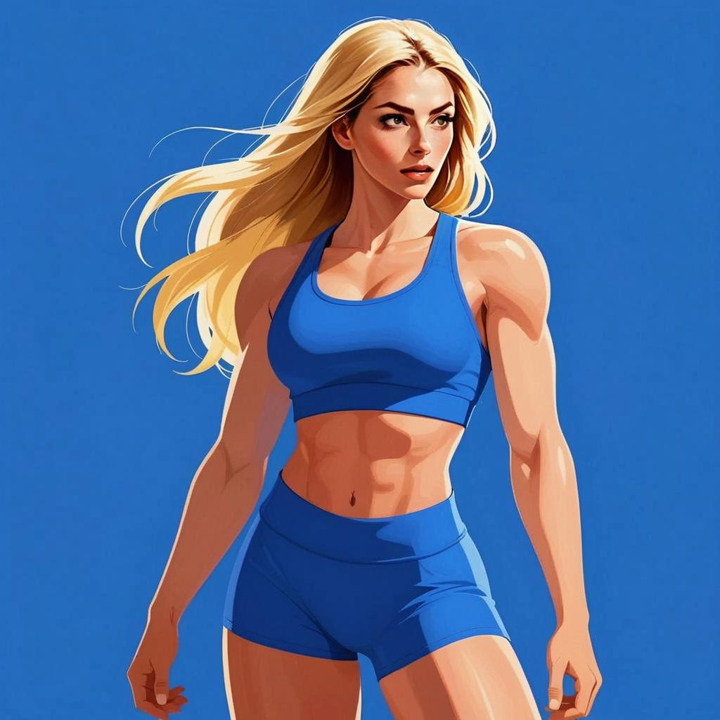 Illustration of Fitness Woman in Blue Activewear with Blonde Hair