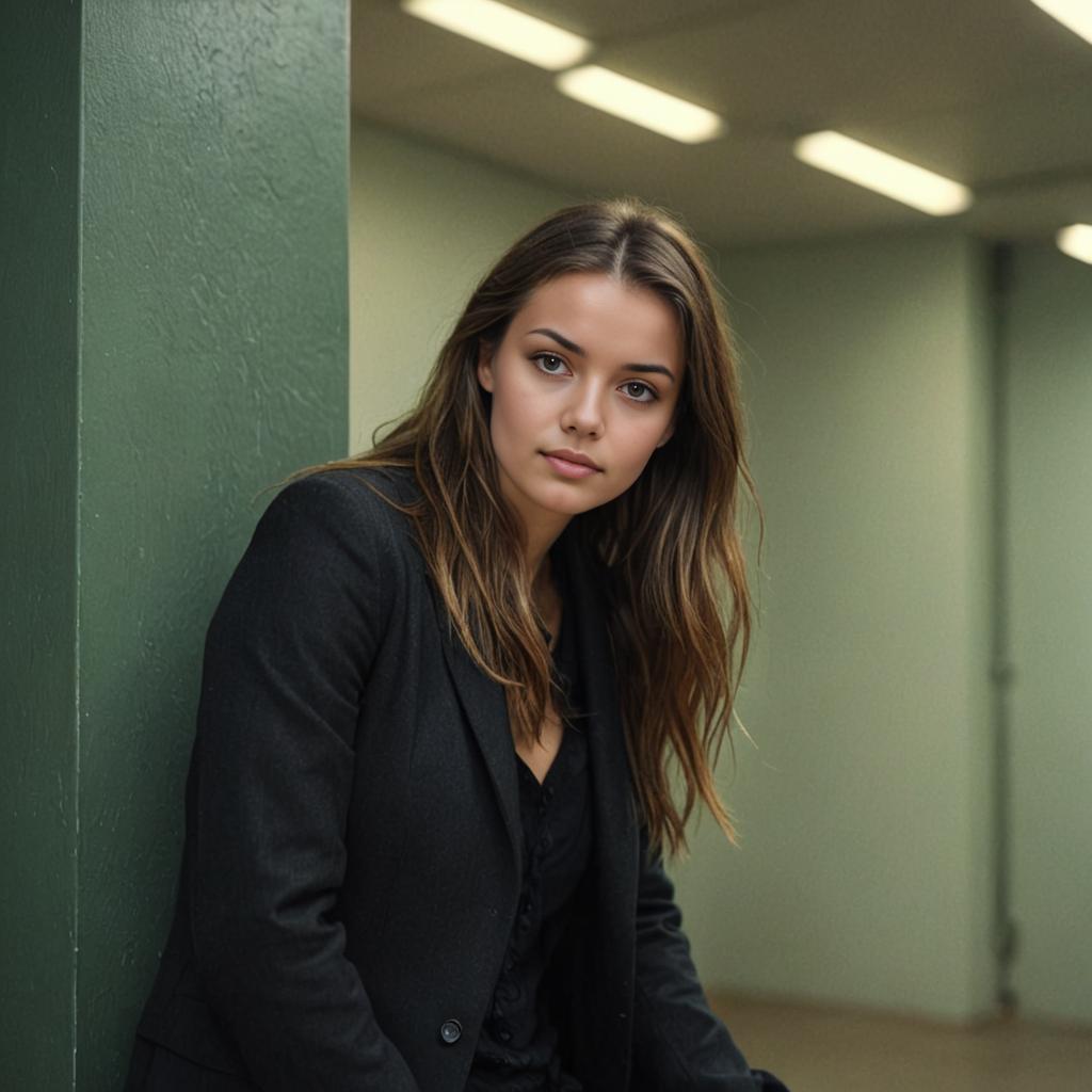 Woman in business casual, leaning against green hallway wall