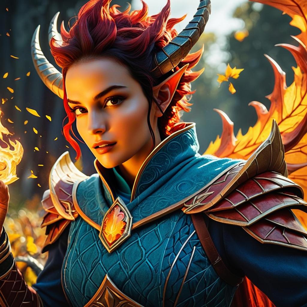 Fantasy Woman with Horns and Magical Fire in Detailed Armor