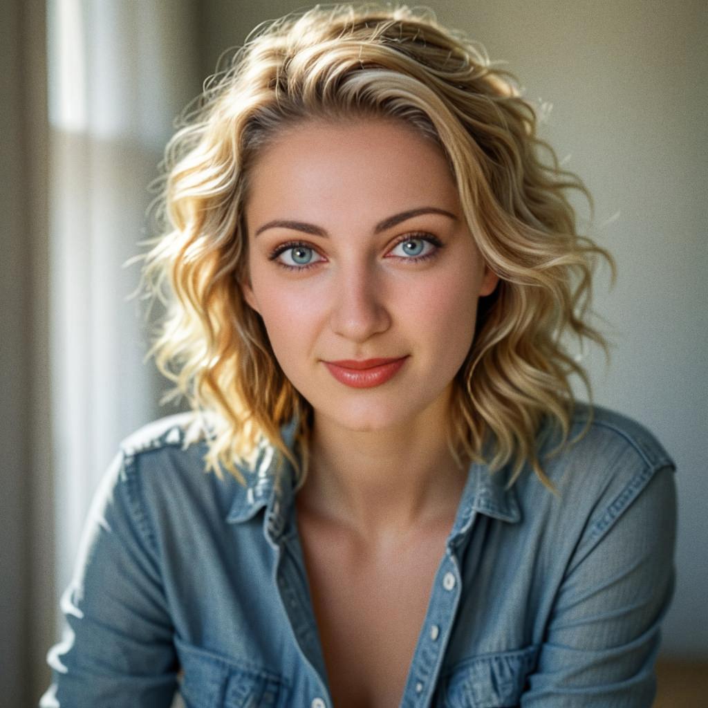 Young Woman with Blonde Curls in Denim Shirt