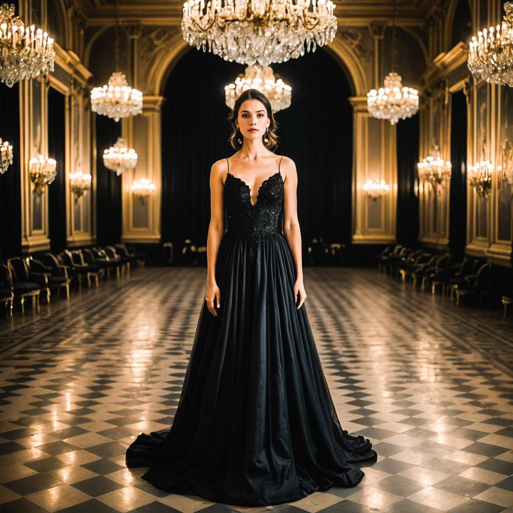 Elegant Woman in Black Gown at Opulent Ballroom