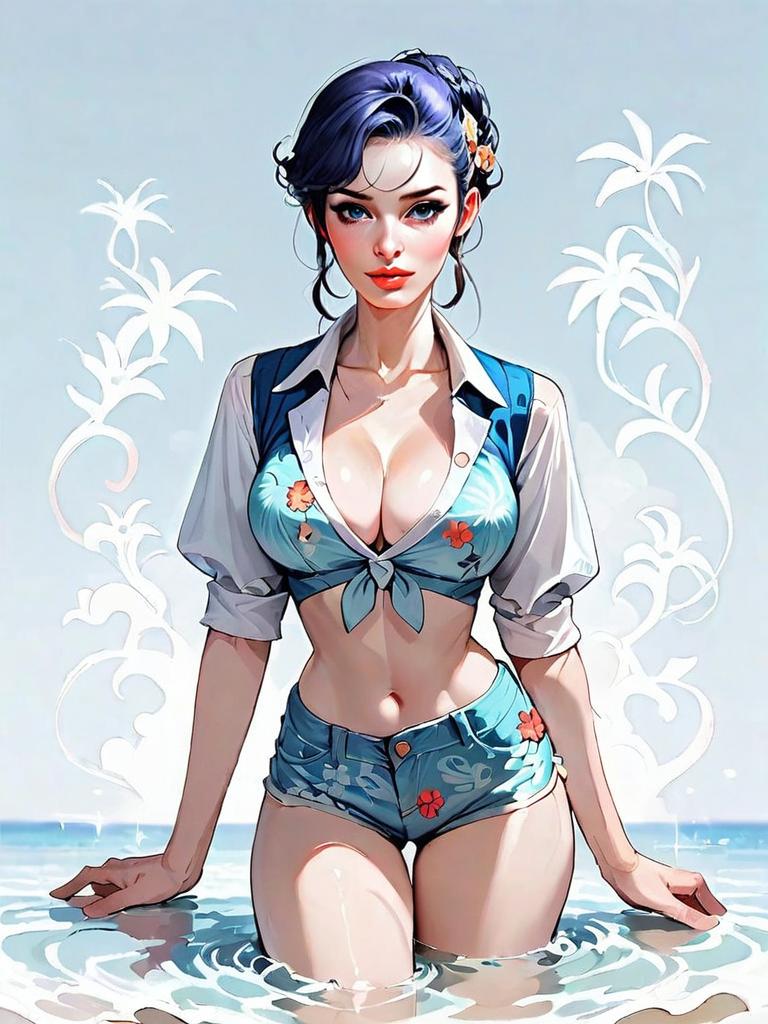 Stylized Digital Illustration of Woman in Floral Outfit Kneeling in Water