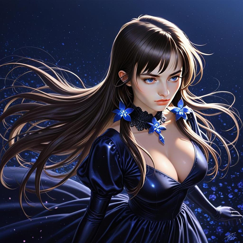 Mouri Ran Stunning Anime-Style Woman in Elegant Dark Gown with Blue Flowers
