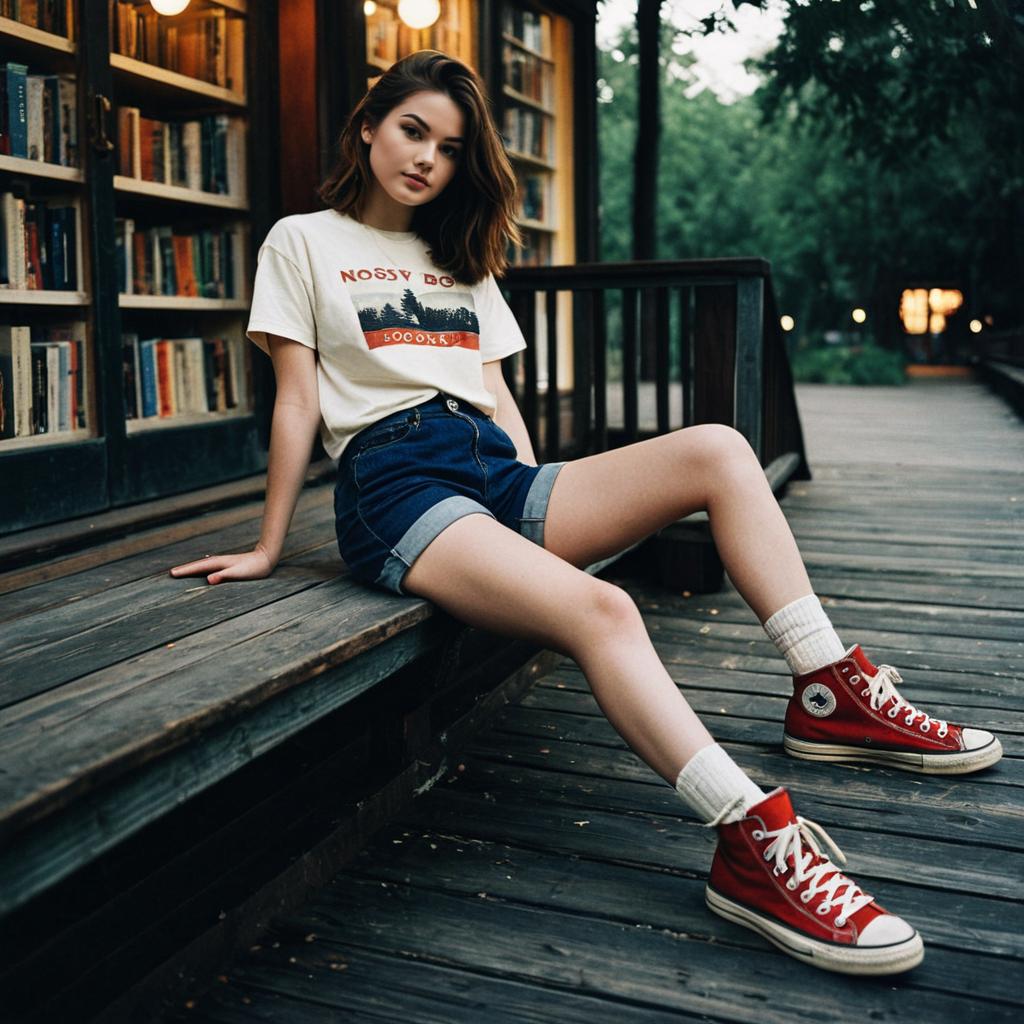 Young Woman in Casual Outfit Sitting Outside Bookstore on Wooden Bench