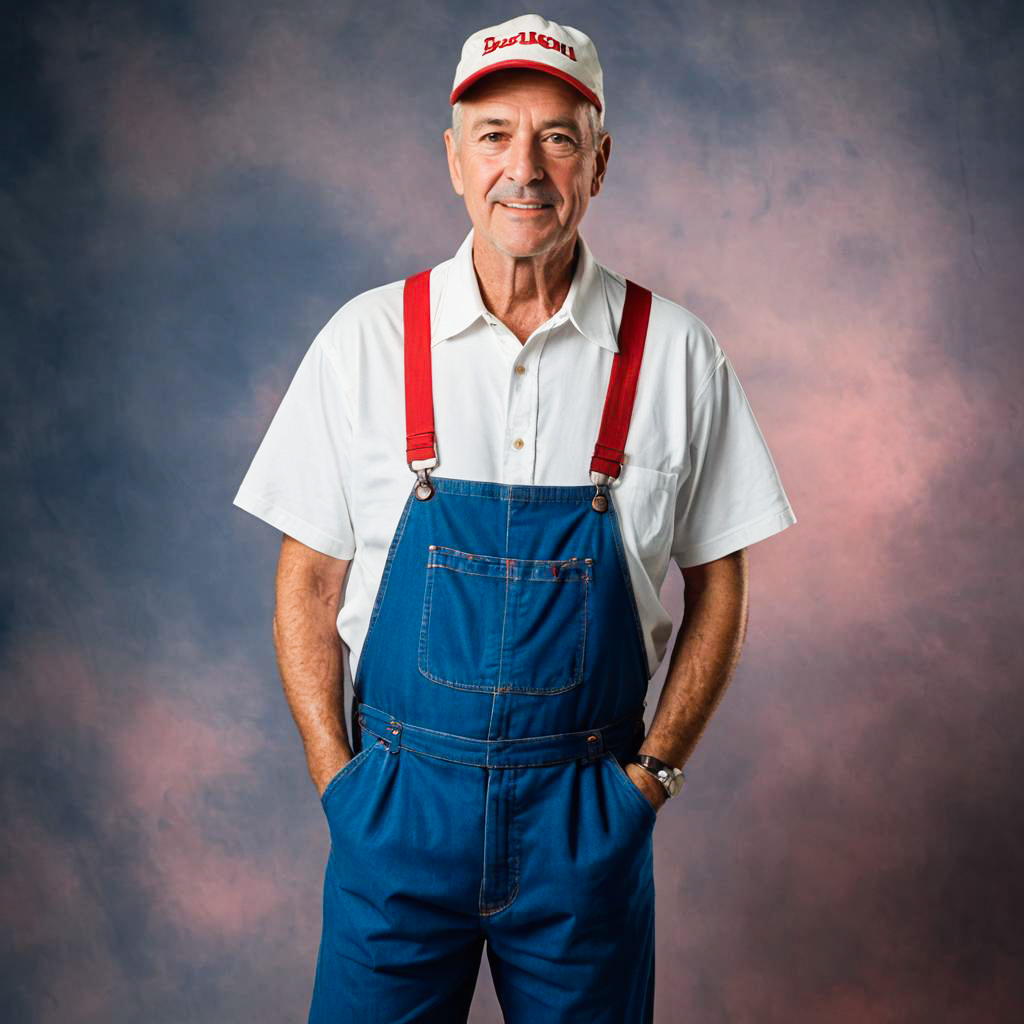 Cheerful Elderly Man in Blue Overalls