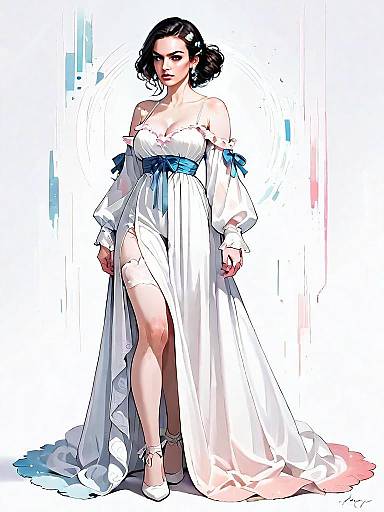 Boho Chic Woman in Elegant White Dress with Thigh-High Slit - Digital Comic Art