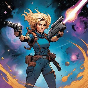 Confident Woman in Tactical Gear with Futuristic Pistols