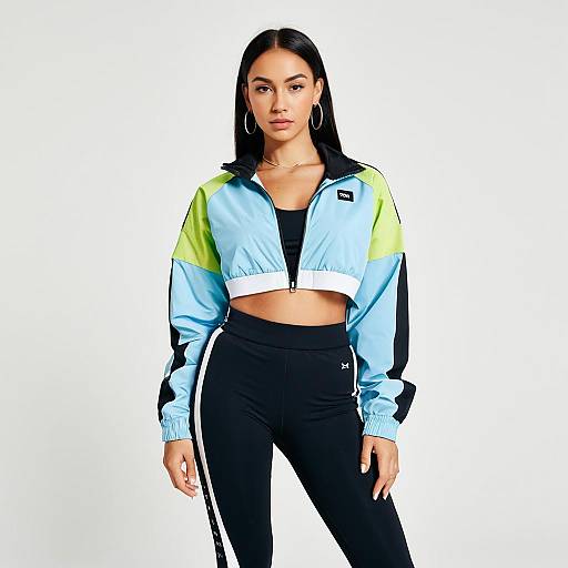 Woman Athletic Streetwear Light Blue Lime Green Color Block Sports Bra and Jacket