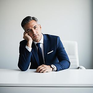 Contemplative Businessman in Navy Blue Suit Sitting at Office Desk