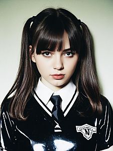 Young Woman in Black Latex Schoolgirl Uniform with Pigtails