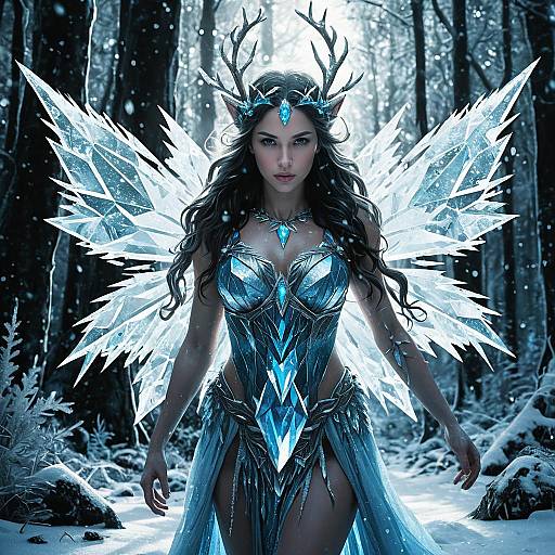 Ice Fairy Queen in Snowy Forest with Crystal Wings and Antlers