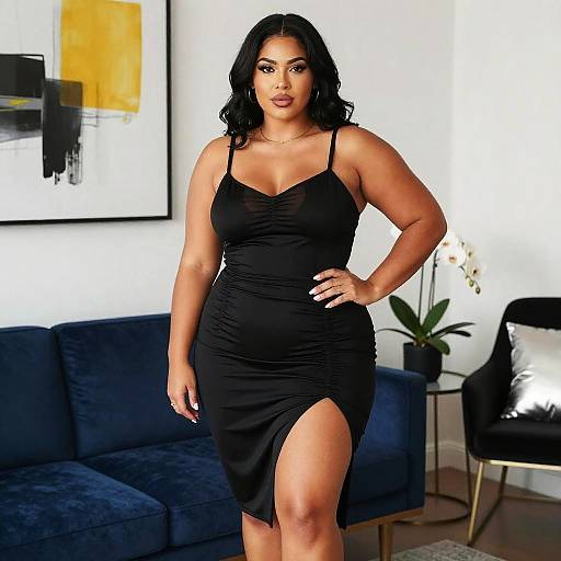 Confident Woman in Black Ruched Dress with Thigh Slit Indoors