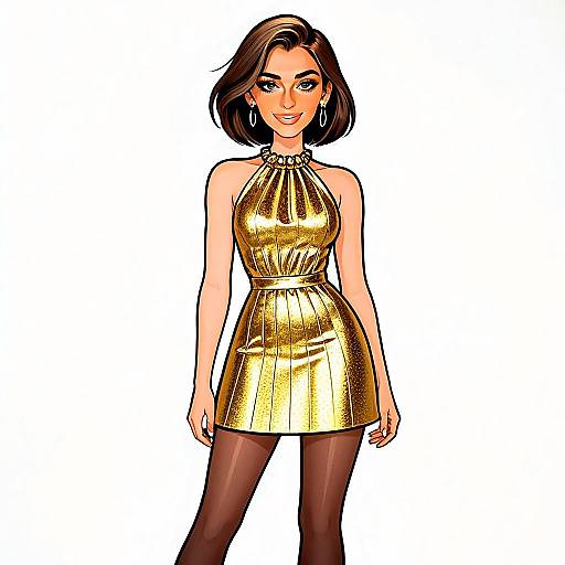 Stylish Woman in Gold Modern Party Dress Illustration