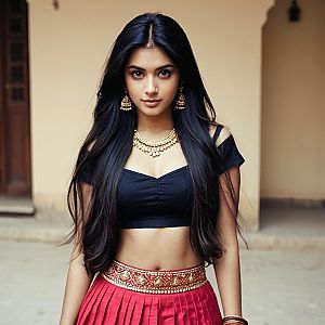 Elegant Woman in Red Ghagra and Black Blouse with Traditional Jewelry