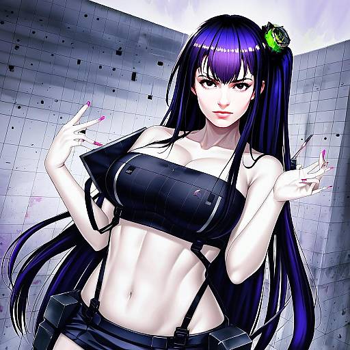 Anime Woman with Purple Hair in Black Outfit Against Tiled Background