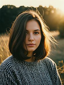 Woman with Long Bob Hairstyle Outdoor Portrait at Golden Hour