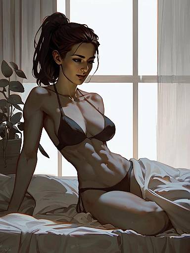 Digital Illustration of Woman in Black Bikini Sitting on Bed by Window