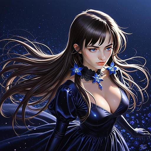 Mouri Ran Stunning Anime-Style Woman in Elegant Dark Gown with Blue Flowers