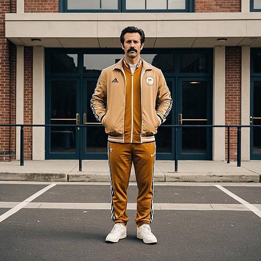 Man Wearing Ted Lasso Style Tan Track Suit Standing Outdoors