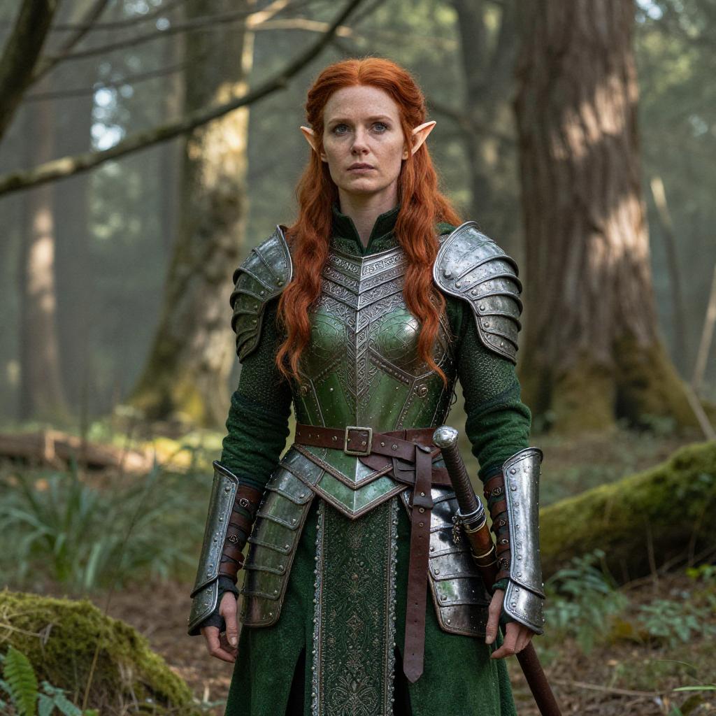 Elven Warrior Woman in Green Armor Standing in Forest