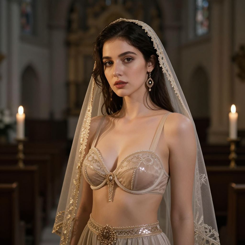 Elegant Woman in Beige Embellished Bridal Outfit with Lace Veil