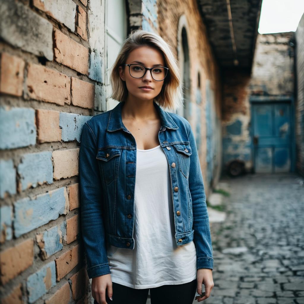 Young Woman in Denim Jacket Standing by Brick Wall in Urban Alleyway