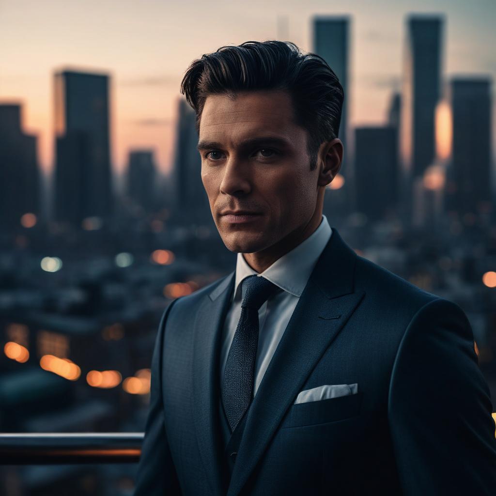 Confident Man in Navy Suit Against City Skyline at Dusk Confident Man in Navy Suit Against City Skyline at Dusk