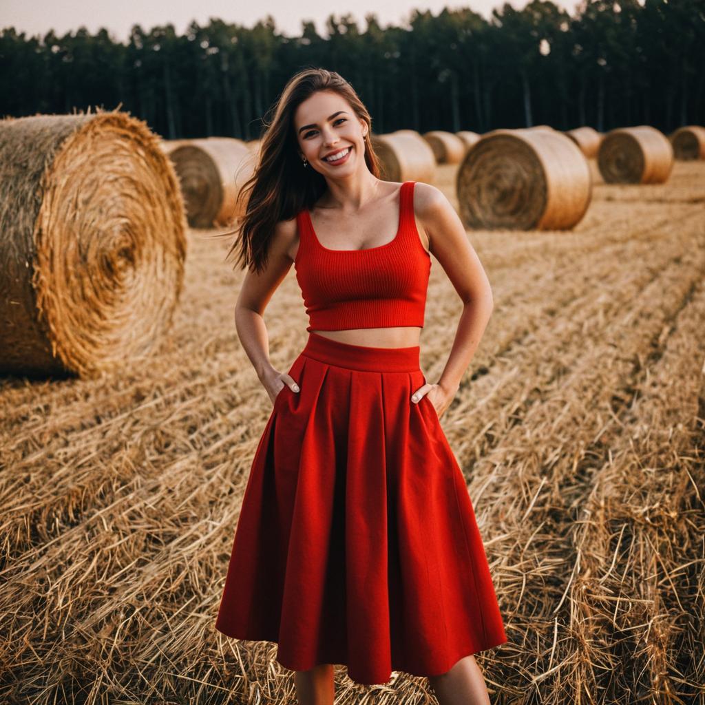 Smiling Woman in Red Crop Top in Hayfield
