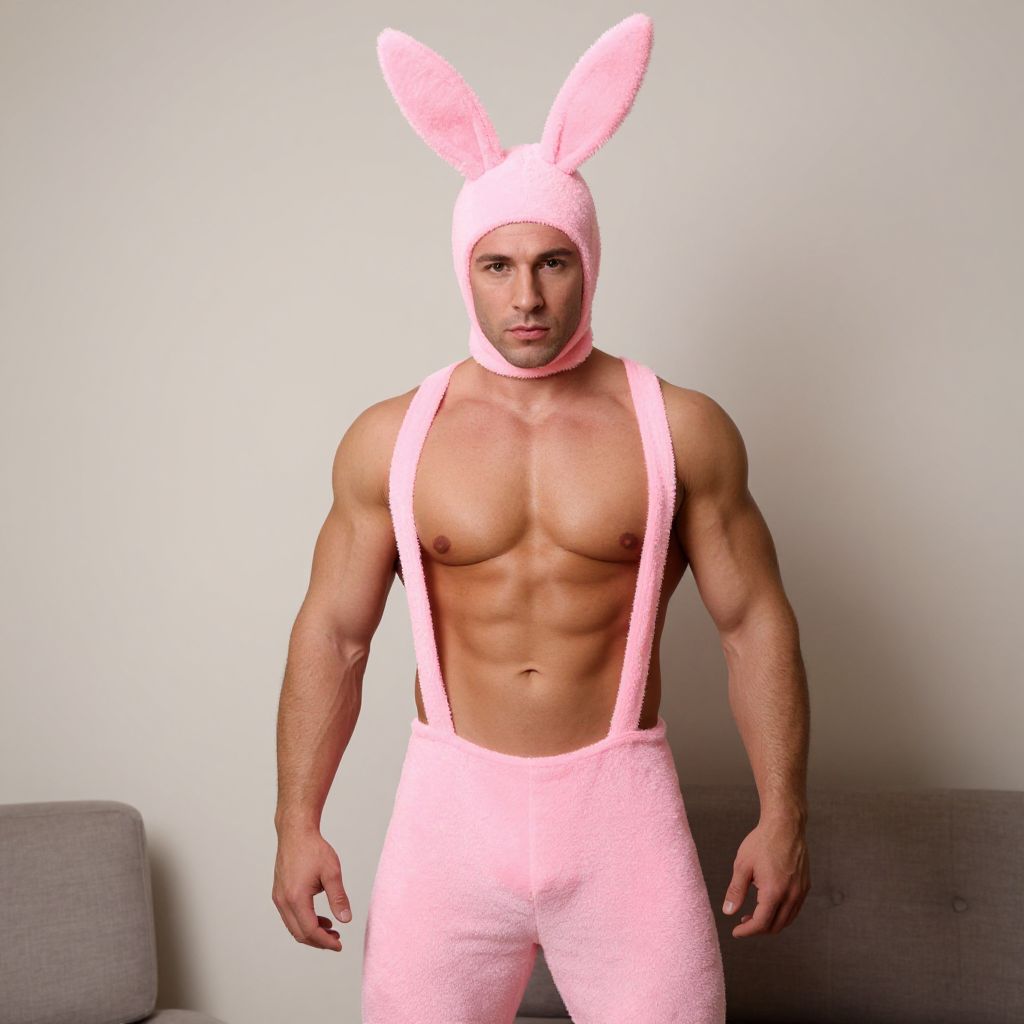 Muscular Man in Pink Bunny Costume with Suspenders