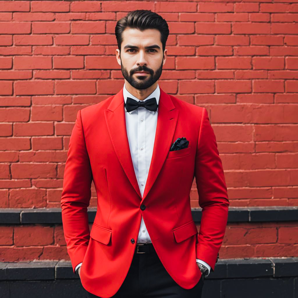 Stylish Man in Red Suit Against Brick Wall