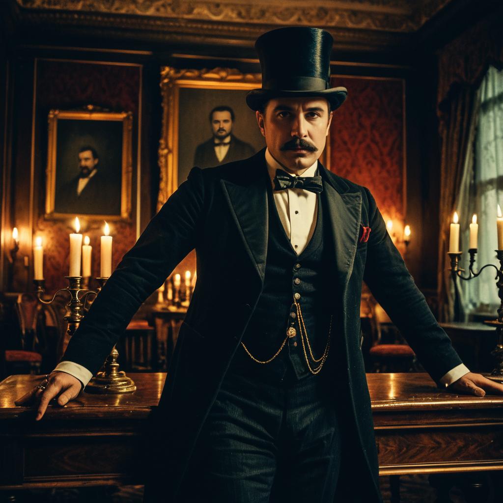 Victorian Gentleman in Elegant Attire with Top Hat in Classic Candlelit Room