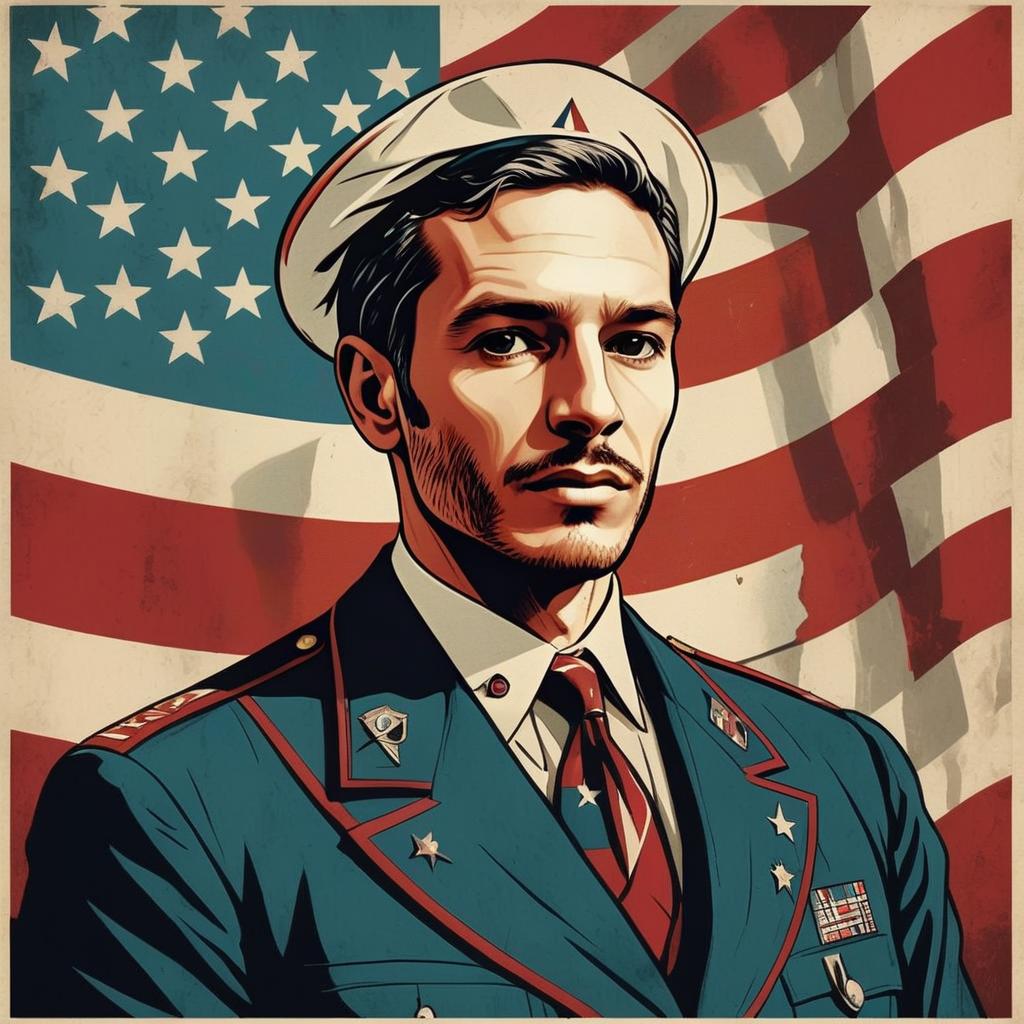 Vintage American Navy Officer Portrait Illustration with Flag Background