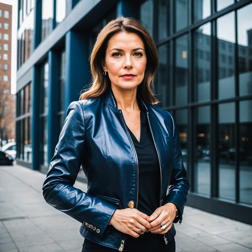 Confident Woman in Blue Leather Jacket on Urban Street