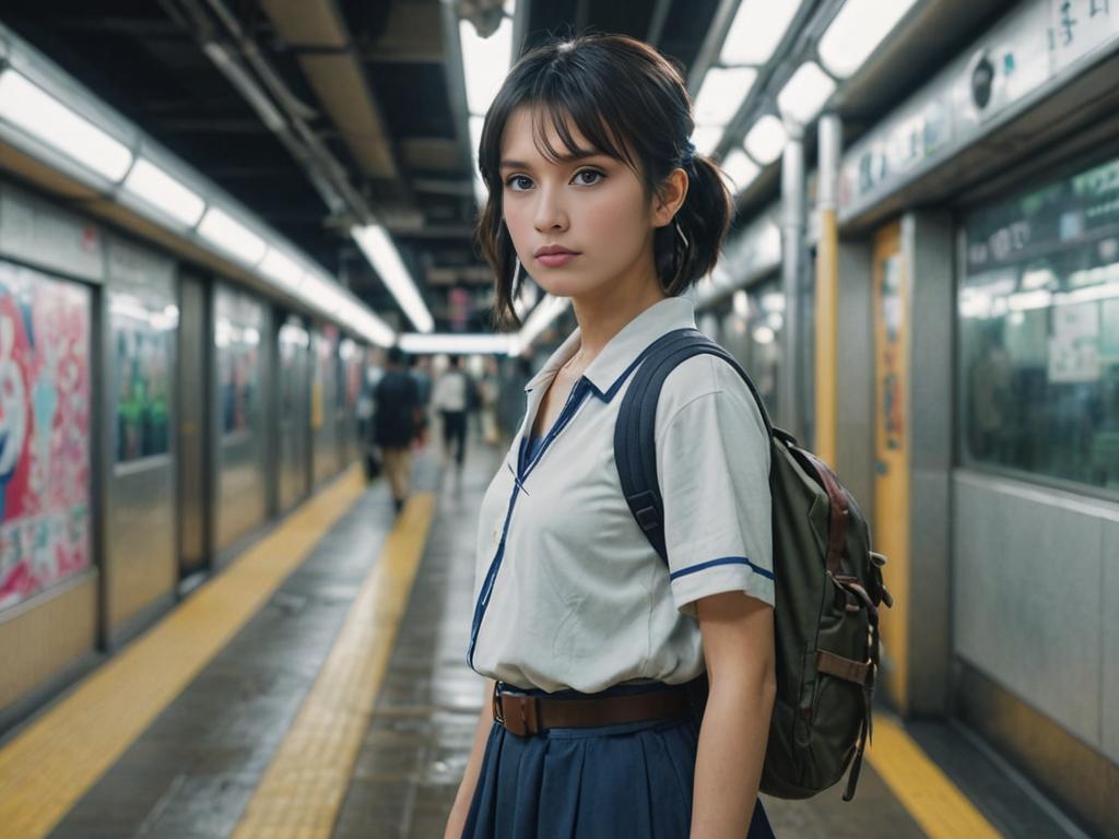 Contemplative Samurai Girl in Subway Station